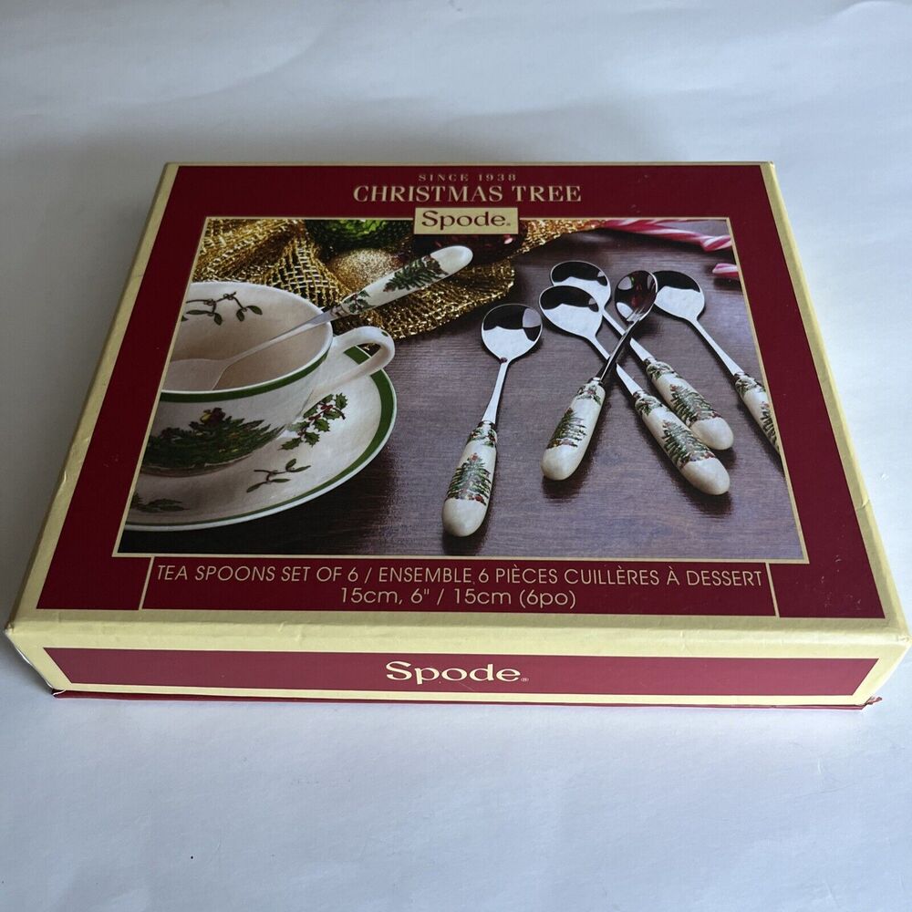 NEW Spode Christmas Tree Set of 6 Tea Spoons NIB Porcelain